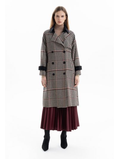 Multicolored Flared Hem Houndstooth Winter Coat Bisth -Sale