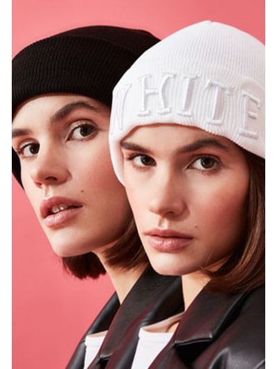 White Embroidered and Black Plain 2-Pack Beanie