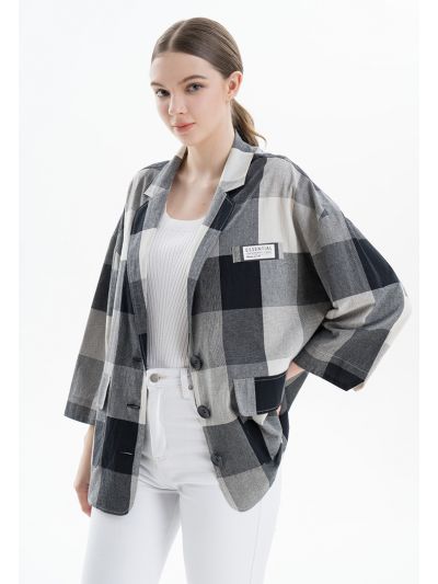 Checked Oversized Blazer Buttoned Cotton Shirt -Sale