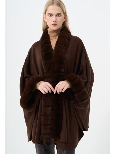Knitted Faux Fur Embellished Poncho