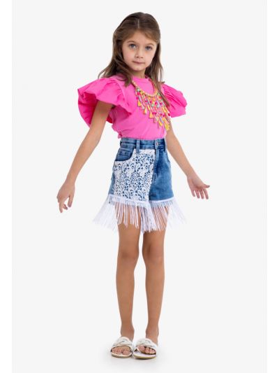 Fringed Lace Denim Shorts