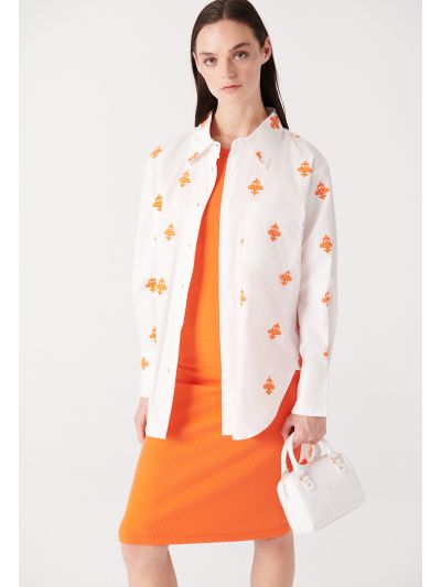 Embroidery High-Low Hemline Cotton Shirt -Sale