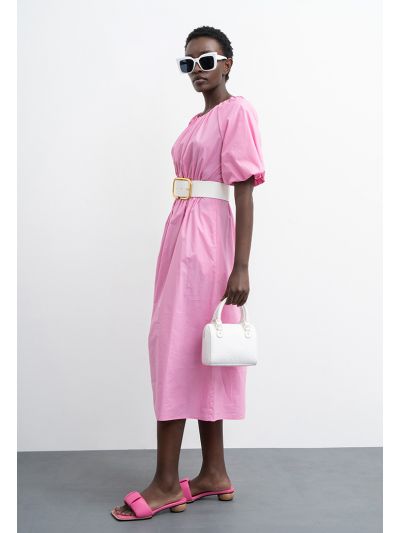 Gathered Neck Solid Midi Dress -Sale
