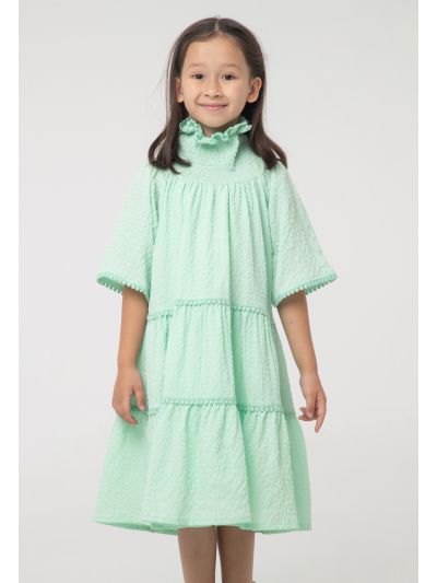 Solid High Neck Smoking Pompom Trim Dress -Sale