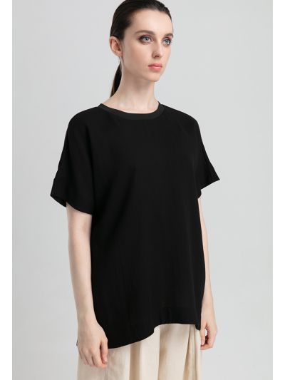Linen Ribbed Neck Cap Sleeve Blouse