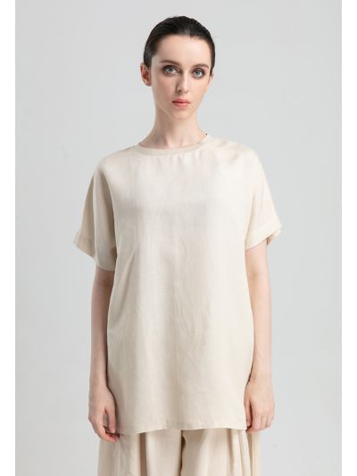 Linen Ribbed Neck Cap Sleeve Blouse