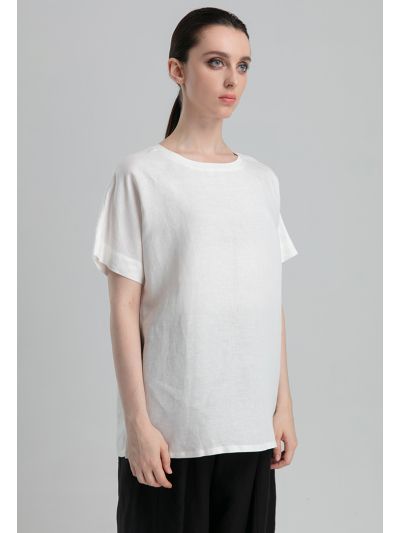 Linen Ribbed Neck Cap Sleeve Blouse