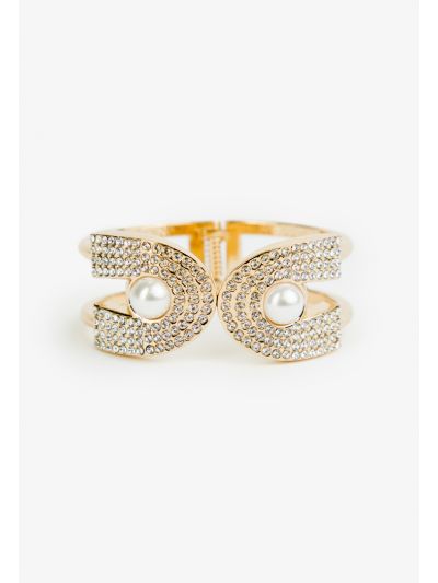 Crystal & Faux Pearls Embellished Wide Bracelet