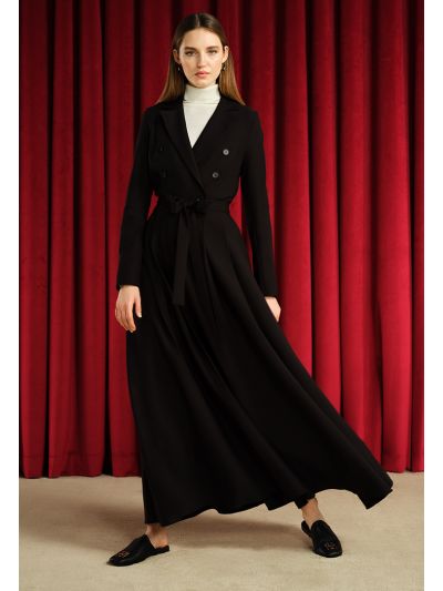 Notched Collar Pleated Belted Maxi Dress