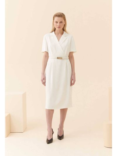 Roman Solid Midi Dress With Belt Detail White