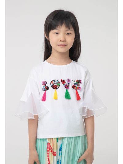 Embellished Text Patched Tassel Flounce Blouse -Sale