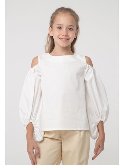 Solid Cold Shoulder Puff Long-Sleeves