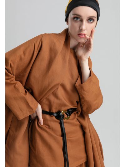 Linen Draped Open Front Cocoon Kimono Cardigan (Free Size)