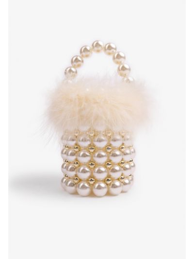 Beaded Faux Feather Bucket Bag