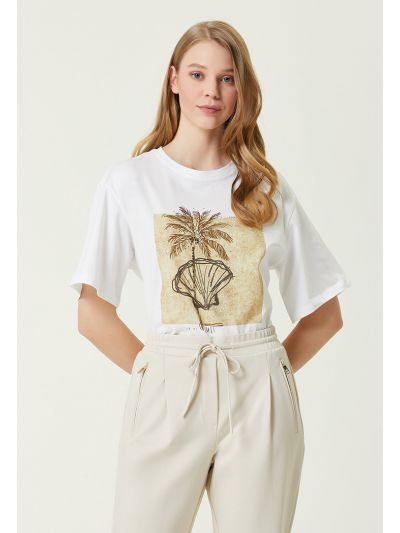 Club Crew Neck Stone Printed T-Shirt White
