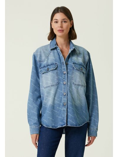 Academia Logo Patterned Denim Shirt Blue