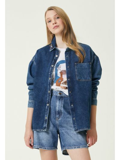 Club Collar Brooch Denim Shirt Navy Blue