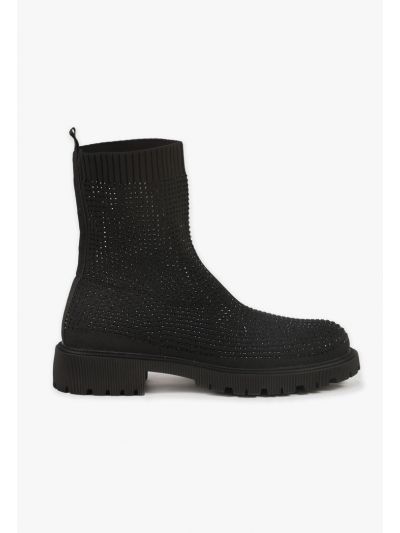 Rhinestone Elasticated Solid Chunky Heel Boots -Sale