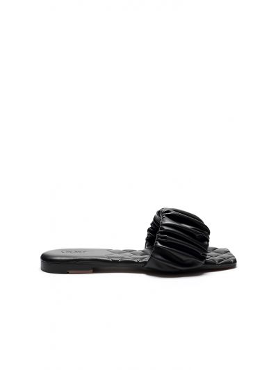 Quilted Ruched Faux Leather Flat Mule Sandal
