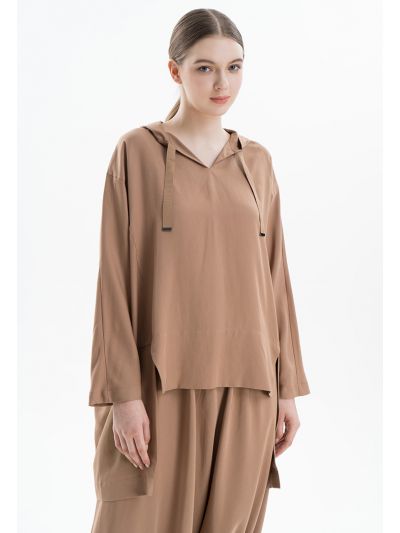Solid Oversized High-Low Hooded Blouse -Sale