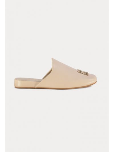 Metal Logo Plaque PU Leather Flat Mules -Sale