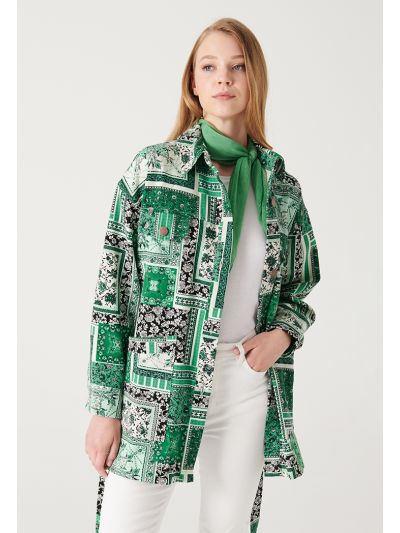 Multiprint Denim Texture Buttoned Jacket -Sale