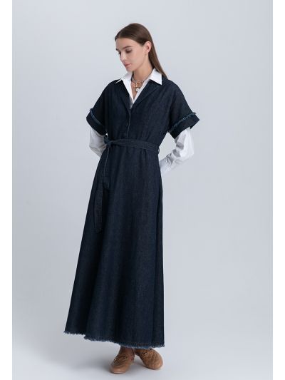 Notched Lapel Frayed Hem Denim Dress