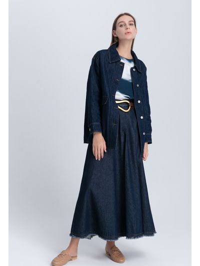 Fringed A-Line Denim Long Skirt