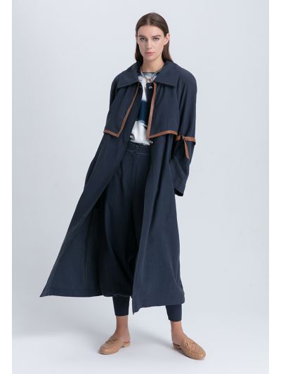 Faux Leather Trim Single Breasted Trench Coat
