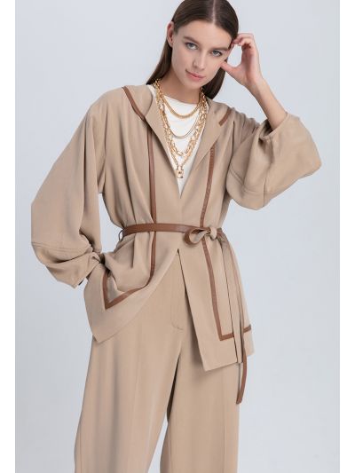 Faux Leather Trim Open Front Belted Cardigan