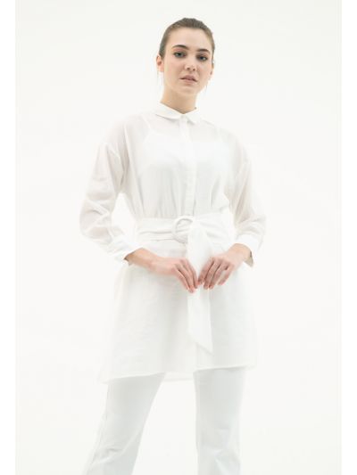 Long Solid Shirt With Wide Belt -Sale