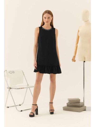 Roman Stone Embroidered Mini Dress Black