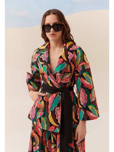 Roman Patterned Jacket With Belt Multi Color