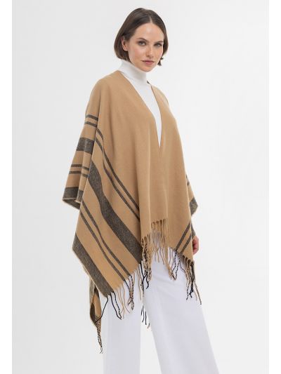 Contrast Details Tasseled Edges Winter Poncho