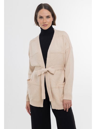 Textured Knitted Open Cardigan With Self-Tie Waist Band -Sale