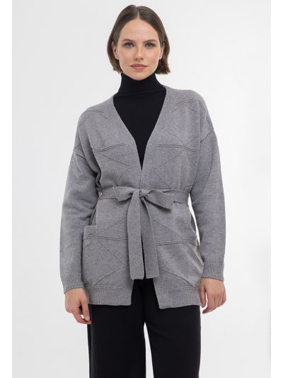 Textured Knitted Open Cardigan With Self-Tie Waist Band -Sale