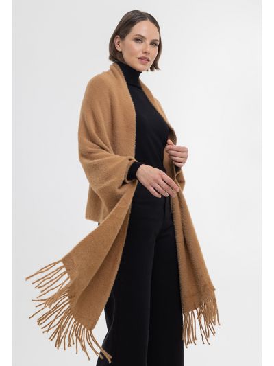 Fuzzy Solid Tasseled Edges Winter Poncho