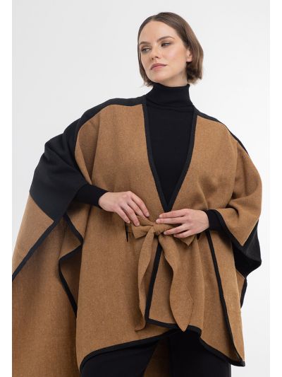 Two Toned Colorblock Wool Winter Poncho With Waist Band