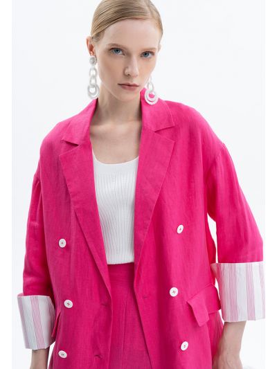 Solid Blazer With Striped Sleeve Cuffs -Sale