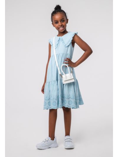 Embroider Stripe Ruffle Tiered Sleeveless Dress -Sale