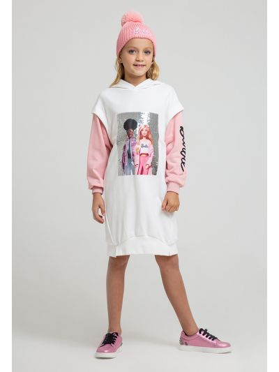 Barbie Sequins Hooded Contrast Sleeves Midi Casual Dress