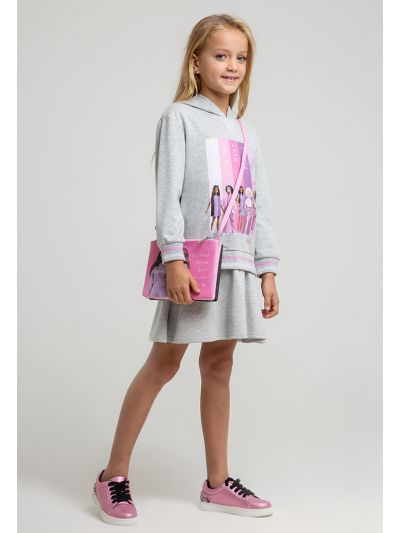 Barbie Print Drawstring Hooded Contrast Sweatshirt Dress