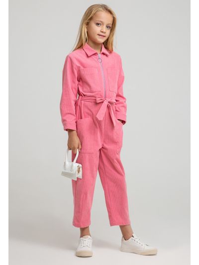 Ribbed Solid Long Sleeves Front Zipper Denim Jumpsuit