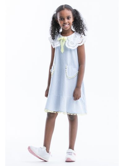 Striped Schiffli Peter Pan Collared Tiered Casual Dress