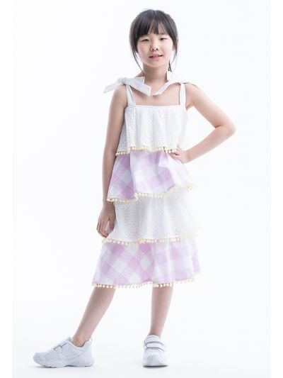 Tiered Schiffli Checked Sleeveless Pom Pom Tassel Dress