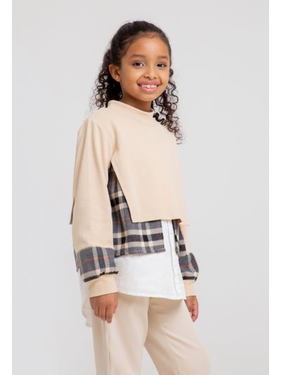 Layered Design Long Sleeves Plaid Ribbed Neckline  Blouse