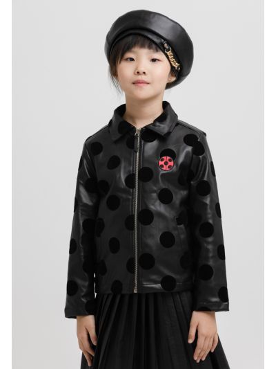 Ladybug Print Long Sleeves Collared PU Leather Jacket -Sale