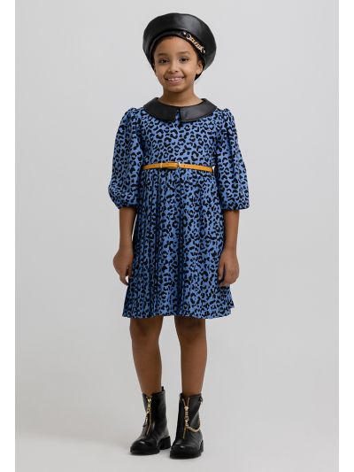 Leopard Print PU Leather Peter Pan Collar A Line Dress -Sale