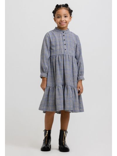 Glen Check Tiered Cut Front Buttons Midi Dress -Sale