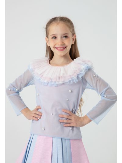 Embellished Pearl Tulle Overlay Blouse